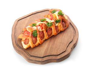 Tasty pastry with sausage on wooden board, isolated on white