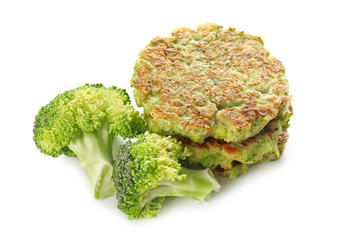 Delicious broccoli pancakes on white background