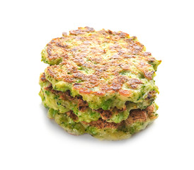 Delicious broccoli pancakes on white background