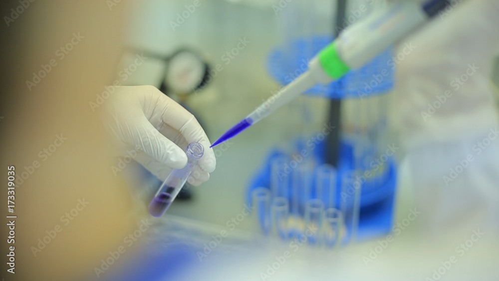 Poster test tubes closeup. medical equipment. close-up footage of a scientist using a micro pipette in a la