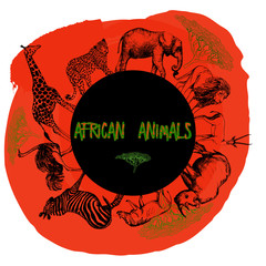 Set of hand drawn sketch style African animals. Isolated vector illustration.