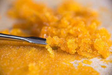Cannabis concentrate live resin (extracted from medical marijuana) with a dabbing tool