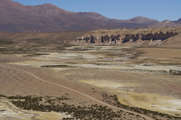 Quebrada Chuba, a wide river valley high on the Altiplano of northern Chile in Lauca National Park.