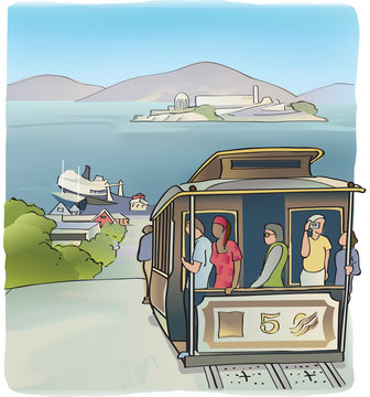 Sketch of San Francisco cable car with tourists