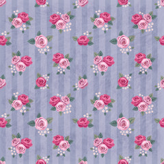 Seamless vintage romantic pattern with pink roses on gray shabby background. Retro wallpaper style. Shabby chic design. Perfect for scrapbooking, greeting cards etc