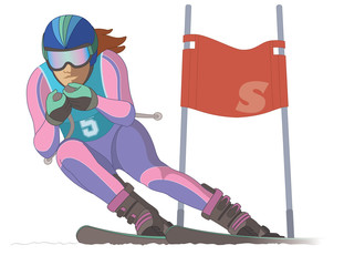 skier female, racing downhill with ski flag isolated on a white background