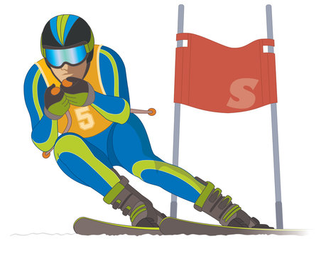 skier male, racing downhill with ski flag isolated on a white background