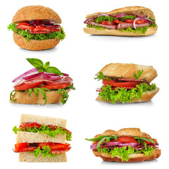 Set of different sandwiches with sausage slices on white background