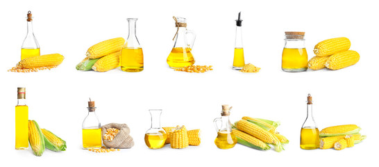 Collage of corn oil in different glassware on white background