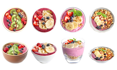 Collage of smoothies with acai berries on white background