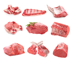 Collage of fresh meat on white background
