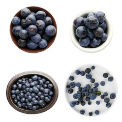 Collage of acai berries on white background