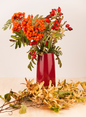 Autumn decoration in purple vase made from rowanberry and wild rose hips