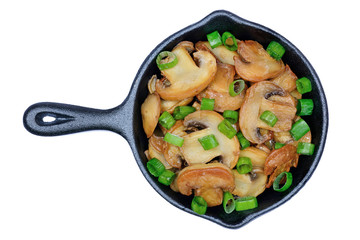 Champignon in a pan on white background