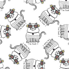 Seamless pattern of hand drawn sketch style abstract cat. Vector illustration isolated on white background.