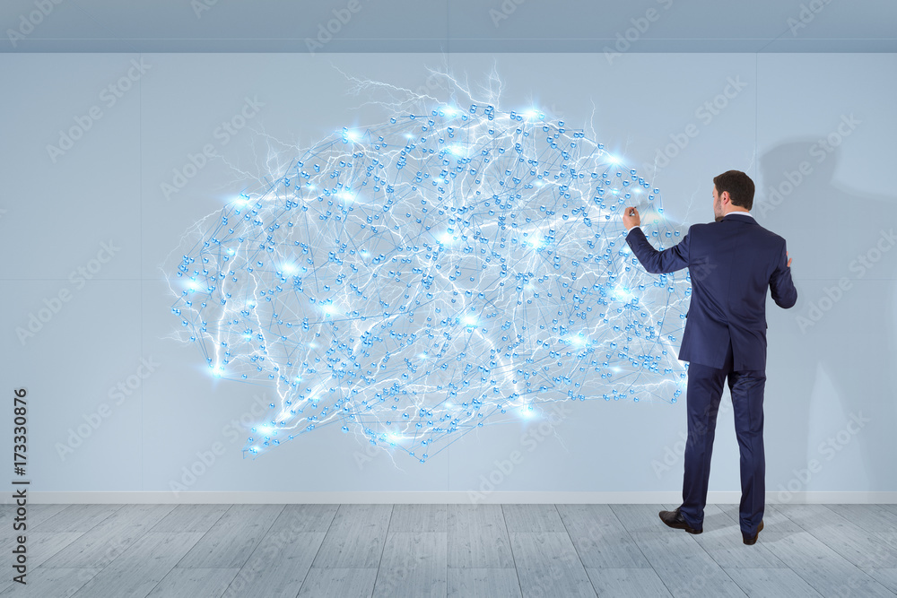 Poster Businessman using digital brain interface on a wall 3D rendering