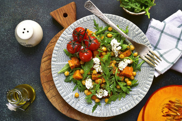 Vegetable salad with feta cheese and chickpea.Top view.