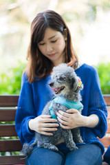 犬の散歩、女性、ベンチ