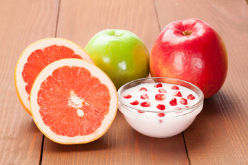 Fresh fruits and yoghurt for healthy breakfast