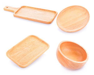 Wood plate and wooden bowl on white background