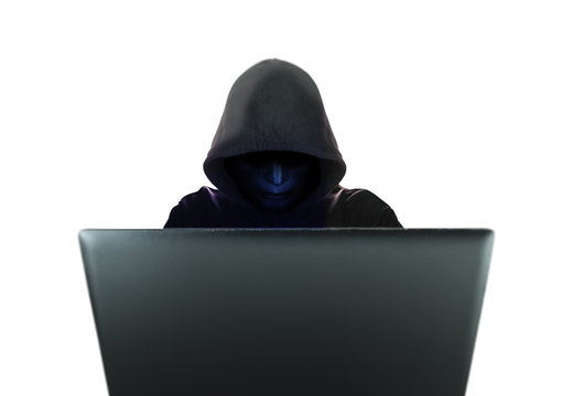 Computer Hacker In Black Mask And Hood Isolated On White Background