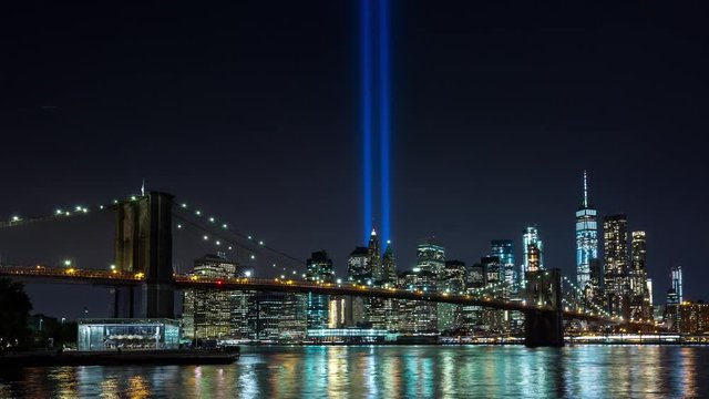 Brooklyn Bridge and New York Skyline Night Timelapse September 11th Tribute