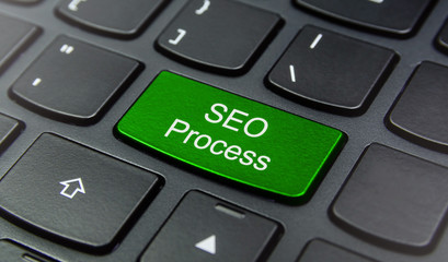 Close-up the SEO Process button on the keyboard and have Green color button isolate black keyboard