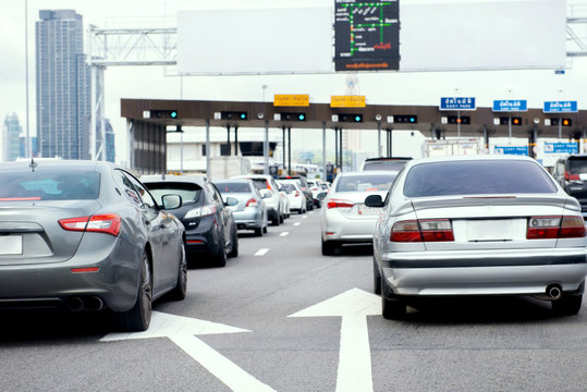 Highway Traffic Jam On Pay Toll Station In Thailand.