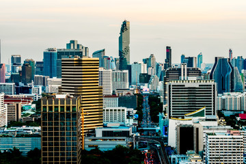 Bangkok city at sunset with MahaNakhon is the new highest building in Bangkok, Thailand