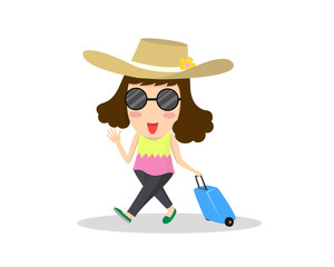 cartoon illustration woman traveler with suitcase is ready for vacation isolated on white background