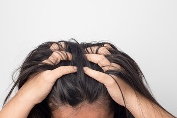 Women itching scalp damaged hair, Haircare concept.