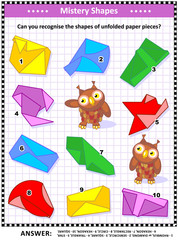 IQ training visual puzzle (suitable both for kids and adults): Can you recognize the shapes of unfolded paper pieces? Answer included.
