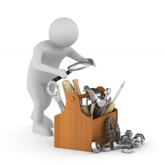Man with magnifier and toolbox on white background. Isolated 3D illustration