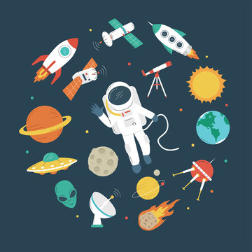 Space objects. Astronaut, rocket, planets, UFO, satellite, etc