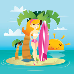 Obraz na płótnie Canvas Happy Sunny Tropical Island Surfer Girl