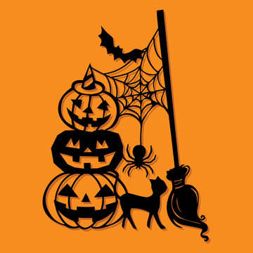 Paper Cut Silhouette Halloween Pumpkin Stack Broomstick Decoration
