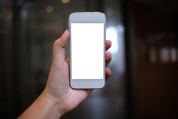 Close up of women's hands holding cell telephone blank copy space screen. smart phone with technology concept