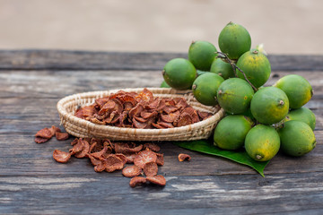 fresh betel nut with betel leaf in basket on the wood background,