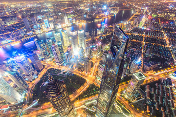 Fototapeta na wymiar Aerial view of Lujiazui financial district at night in Shanghai,China