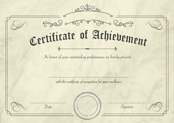 Retro certificate of achievement paper template with modern pastel yellow marble textured