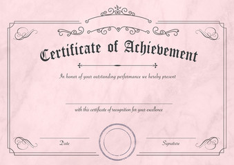 Retro certificate of achievement paper template with modern pastel pink marble textured