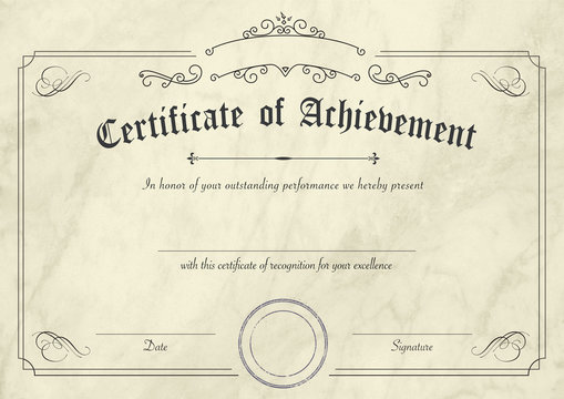Retro certificate of achievement paper template with modern pastel yellow marble textured