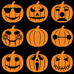 Set of halloween objects, pumpkins and lettering. Greeting card for party and sale. Vector illustration EPS10.