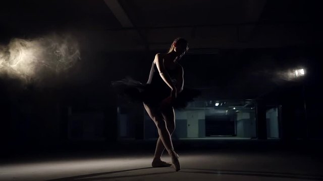 Young ballerina in pointes and ballet tutu, performs black swan dance in modern performance