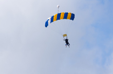 Tandem parachutists from behind