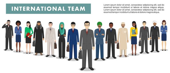 Obraz premium Group of business men and women, working people standing together on white background. Business team and teamwork concept. Different nationalities and dress styles. Flat design people characters.
