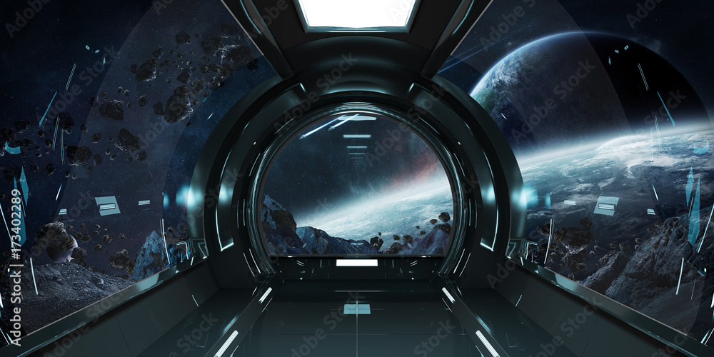 Poster Spaceship interior with view on planets 3D rendering elements of this image furnished by NASA