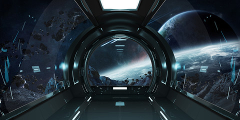 Fototapeta premium Wnętrze statku kosmicznego z widokiem na planety Elementy renderowania 3D tego obrazu dostarczone przez NASA