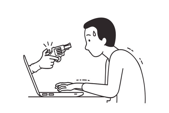 man threatened by gun from laptop screen clip art preview