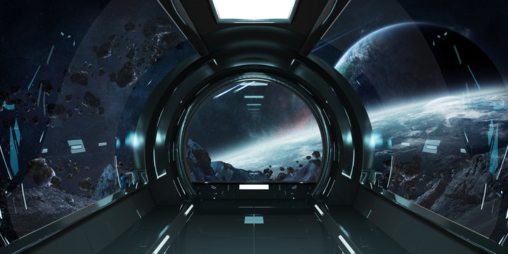 Spaceship interior with view on planets 3D rendering elements of this image furnished by NASA